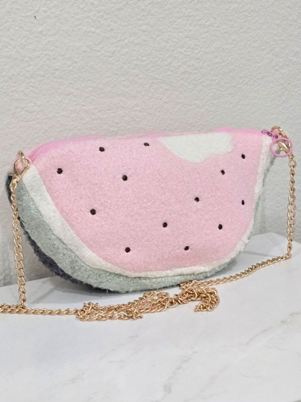 Dolls Kill ✦ Half Watermelon Plush Crossbody Bag ✦ Pink & Green Gold Chain NWT - Picture 2 of 8